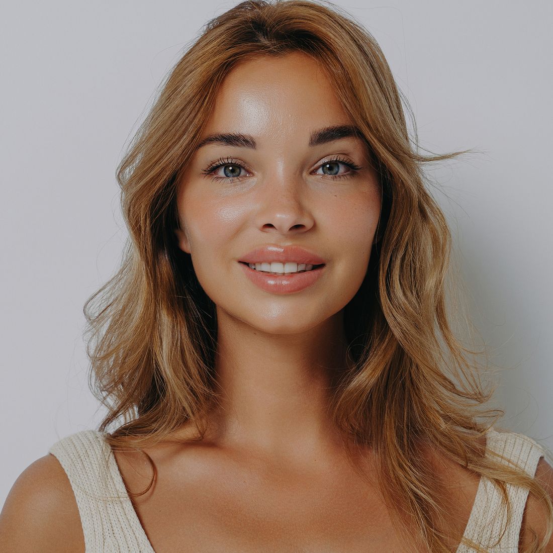 Smiling Santa Clara med spa model with wavy hair and natural makeup.